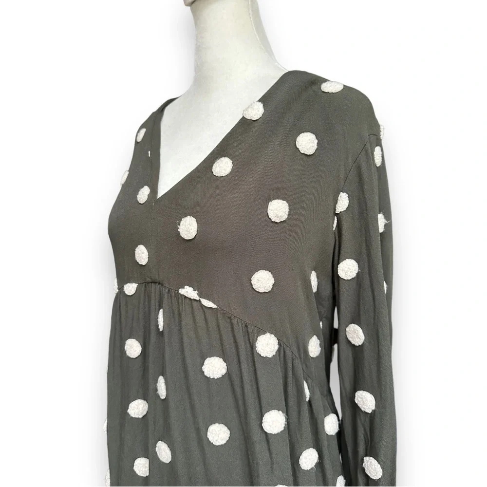 Zara Khaki Green Embroidered Polka Dot Long Sleeve Baby-Doll Dress | Medium - Picture 8 of 14